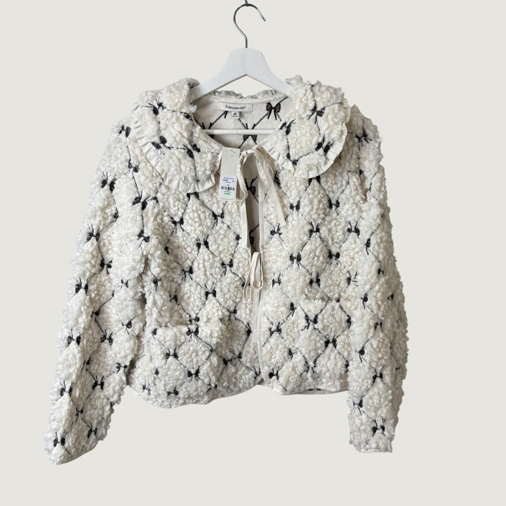 Francesca's Bow Diamond Textured Jacket Cream Charcoal Sz M Coquette Cottagecore